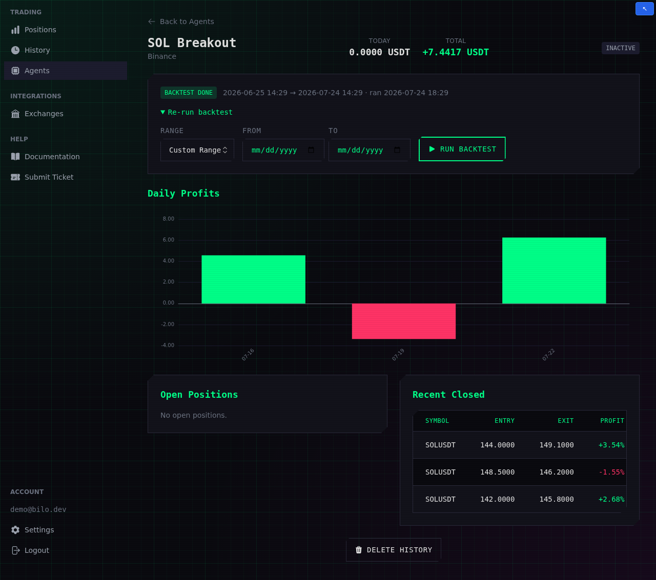 The backtest controls on an agent's analytics page