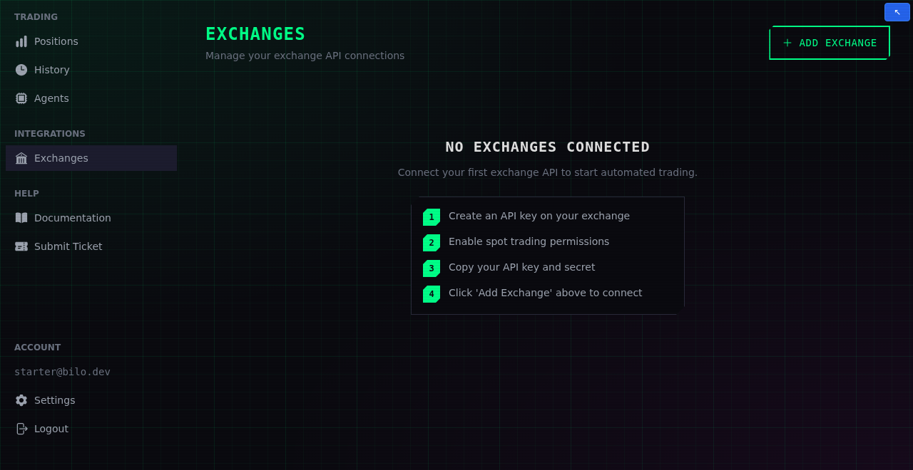The Exchanges page before any exchange is connected